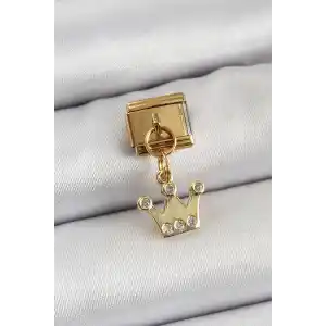 316L Çelik Sallantılı Zirkon Taşlı Kraliçe Tacı Model Gold Renk Nomination Charm