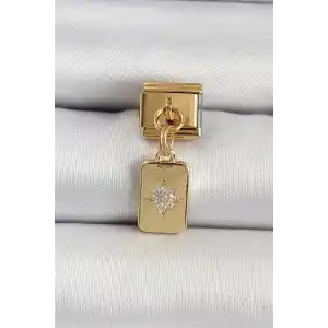 316L Çelik Sallantılı Zirkon Taşlı Kutup Yıldızı Figürlü Dikdörtgen Model Gold Renk Nomination Charm