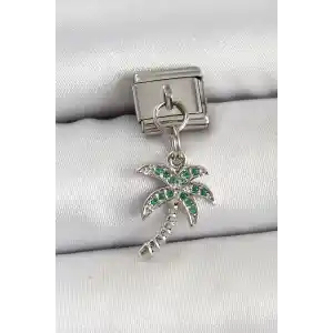 316L Çelik Sallantılı Zirkon Taşlı Palmiye Ağacı Model Gümüş Renk Nomination Charm