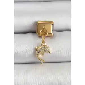 316L Çelik Sallantılı Zirkon Taşlı Yunus Balığı Model Gold Renk Nomination Charm