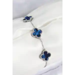 316L Çelik Sedefli Lacivert Gümüş Renk Yonca Kadın Bileklik