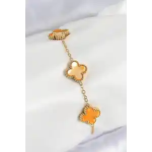 316L Çelik Sedefli Turuncu Gold Renk Yonca Kadın Bileklik