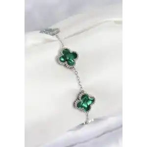 316L Çelik Sedefli Zümrüt Yeşil Gümüş Renk Yonca Kadın Bileklik