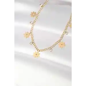 316L Çelik Taşlı Gold Renk Çoklu Çiçek Kolye
