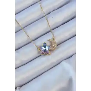 316L Çelik Zincir Altın Renk Ay Tasarımlı Renkli Zirkon Taşlı Çiçek Kolye