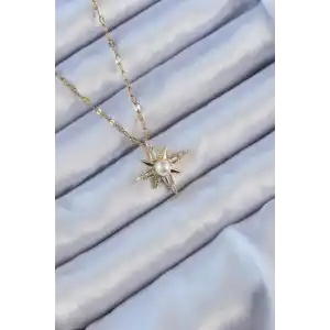 316L Çelik Zincir Altın Renk Baget Taşlı İnci Detay Kutup Yıldızı Kolye