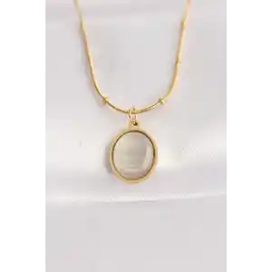 316L Çelik Zincir Altın Renk Gri Sedefli Oval Figürlü Kolye