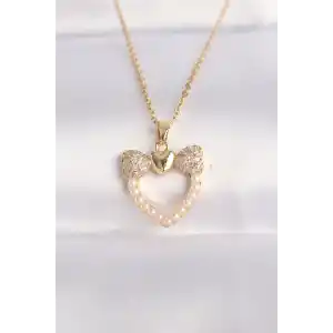 316L Çelik Zincir Altın Renk İnci Taş Detay Zirkon Taşlı Kalp Kolye