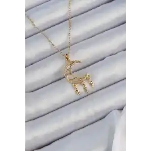 316L Çelik Zincir Altın Renk İşlemeli Zirkon Taşlı Ay Kolye