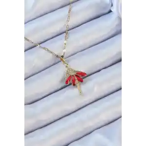 316L Çelik Zincir Altın Renk Kırmızı Etekli Zirkon Taşlı Balerin Kolye