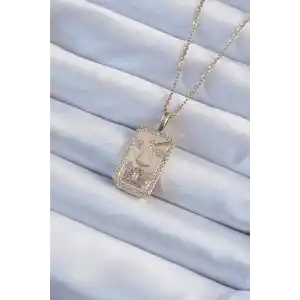 316L Çelik Zincir Altın Renk Lila Zirkon Taşlı Tarot Kolye