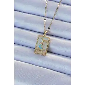 316L Çelik Zincir Altın Renk Mavi Mineli Tarot Kolye