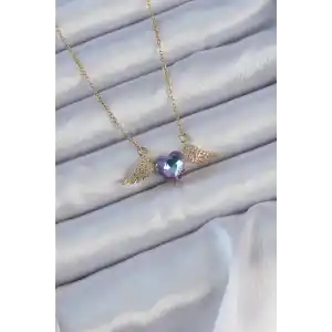 316L Çelik Zincir Altın Renk Mavi Mor Zirkon Taşlı Kanatlı Kalp Kolye