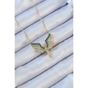 316L Çelik Zincir Altın Renk Mavi Zirkon Taşlı Mikail Meleği Kolye
