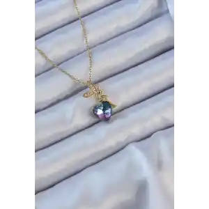 316L Çelik Zincir Altın Renk Mor Mavi Renk Zirkon Taşlı Kalp Detay Peri Kolye