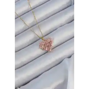 316L Çelik Zincir Altın Renk Pembe Parçalı Zirkon Taşlı Kalp Kolye