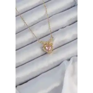 316L Çelik Zincir Altın Renk Pembe Zirkon Taşlı Fiyonklu Kalp Kolye
