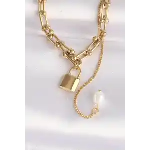 316L Çelik Zincir Altın Renk Zincirli Love Yazılı Kilit Kolye