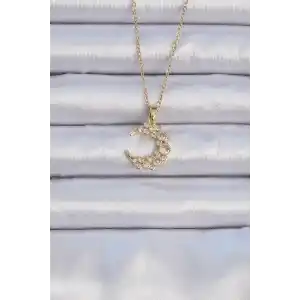 316L Çelik Zincir Altın Renk Zirkon Taşlı Ay Kolye