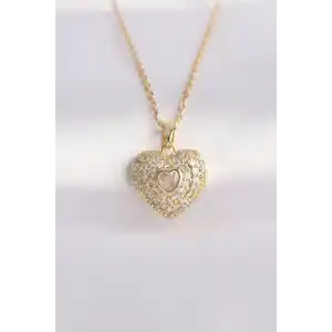 316L Çelik Zincir Altın Renk Zirkon Taşlı Kalp Kolye