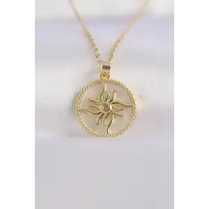 316L Çelik Zincir Altın Renk Zirkon Taşlı Oval Tasarım Güneş Kolye