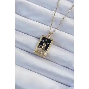 316L Çelik Zincir Altın Renk Zirkon Taşlı Siyah Mineli Kız Figürlü Tarot Kolye
