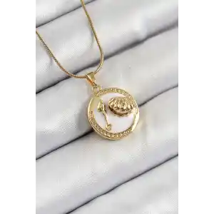 316L Çelik Zincir Beyaz Mineli Sanatsal Portre İstiridye Model Gold Renk Kadın Kolye