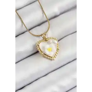 316L Çelik Zincir Beyaz Sanatsal Portre İnci Detaylı Papatya Figürlü Kalp Model Gold Renk Kadın Kolye