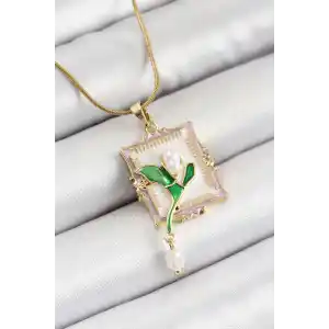 316L Çelik Zincir Beyaz Sanatsal Portre Sallantılı İnci Detaylı Lale Model Gold Renk Kadın Kolye