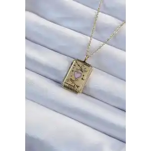 316L Çelik Zincir Eskitme Altın Renk Pembe Mineli Kalp Figürlü Tarot Kolye