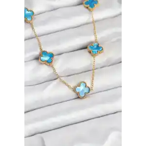 316L Çelik Zincir Gold Buz Mavisi Renk Yonca Kolye