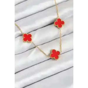 316L Çelik Zincir Gold Kırmızı Renk Yonca Kadın Kolye