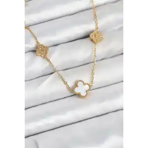 316L Çelik Zincir Gold Renk Beyaz ve Zirkon Taşlı Yonca Kadın Kolye