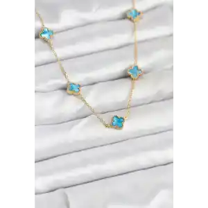 316L Çelik Zincir Gold Renk Buz Mavisi Baby Boy Yonca Kadın Kolye