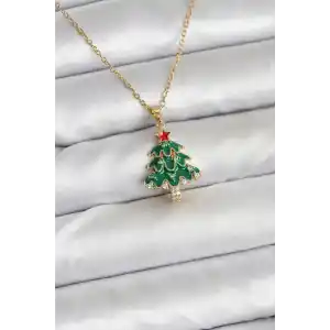 316L Çelik Zincir Gold Renk Çam Ağacı Model Yılbaşı Temalı Kadın Kolye