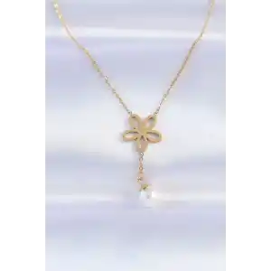 316L Çelik Zincir Gold Renk İnci Detay Çiçek Kolye