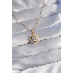 316L Çelik Zincir Gold Renk İncili Zirkon Taşlı Kalp Tasarımlı Kolye