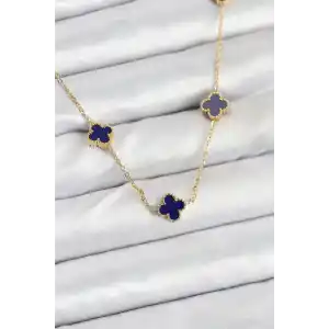 316L Çelik Zincir Gold Renk Lacivert Baby Boy Yonca Kadın Kolye