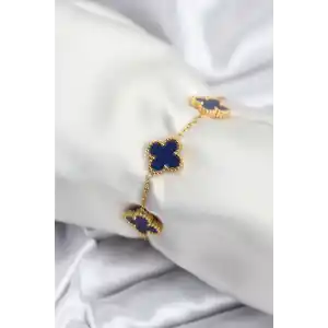 316L Çelik Zincir Gold Renk Lacivert Yonca Kadın Bileklik