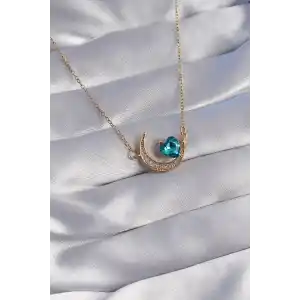 316L Çelik Zincir Gold Renk Mavi Zirkon Taşlı Ay Tasarımlı Kolye