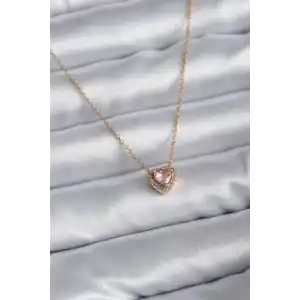 316L Çelik Zincir Gold Renk Pembe Zirkon Taşlı Charm Kadın Kolye