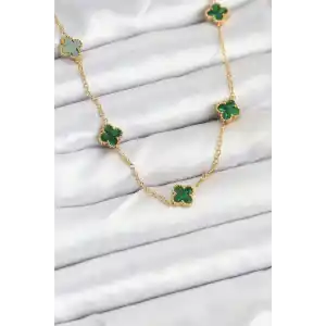 316L Çelik Zincir Gold Renk Yeşil Baby Boy Yonca Kadın Kolye