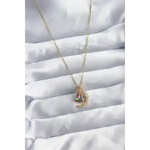 316L Çelik Zincir Gold Renk Zirkon Taşlı Hilal Kristal Kalp Model Kadın Kolye