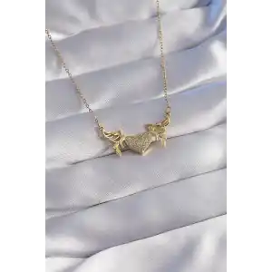 316L Çelik Zincir Gold Renk Zirkon Taşlı Kalp Model Kelebek Detay Kolye