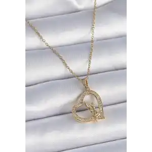 316L Çelik Zincir Gold Renk Zirkon Taşlı Kalp Model Melek Detay Kadın Kolye