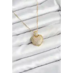 316L Çelik Zincir Gold Renk Zirkon Taşlı Kalpli Kadın Kolye