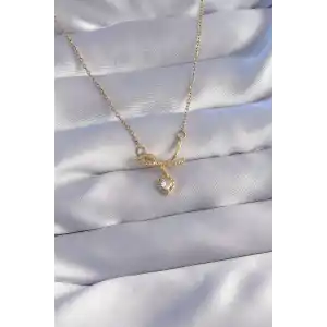 316L Çelik Zincir Gold Renk Zirkon Taşlı Yarım Fiyonk Kalp Kolye