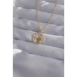316L Çelik Zincir Gold Renk Zirkon Taşlı Yıldız Figürlü Oval Kolye