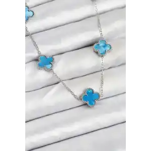 316L Çelik Zincir Gümüş Buz Mavisi Renk Yonca Kadın Kolye