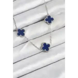 316L Çelik Zincir Gümüş Lacivert Renk Yonca Kadın Kolye